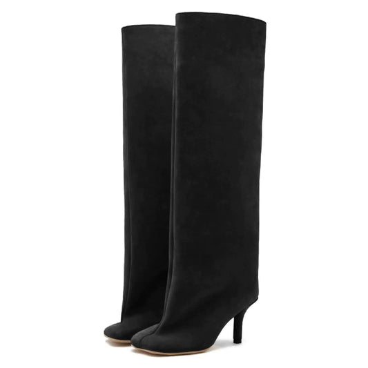Black Suede Knee High Boots for Women  Toe Stiletto Heel Long Boots